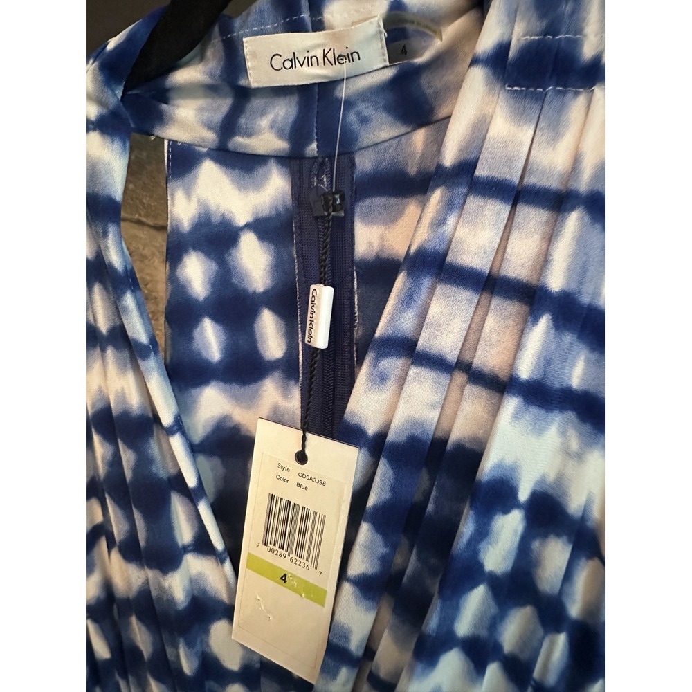 Calvin Klein Dress 4 NWT Blue Tie Dye Pleated Halter Maxi V Neck Wedding Guest S - Picture 5 of 10